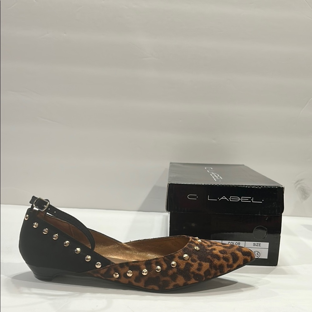 C Label Brown and Black Leopard Print Flats with Studded Details - Size 5.5
